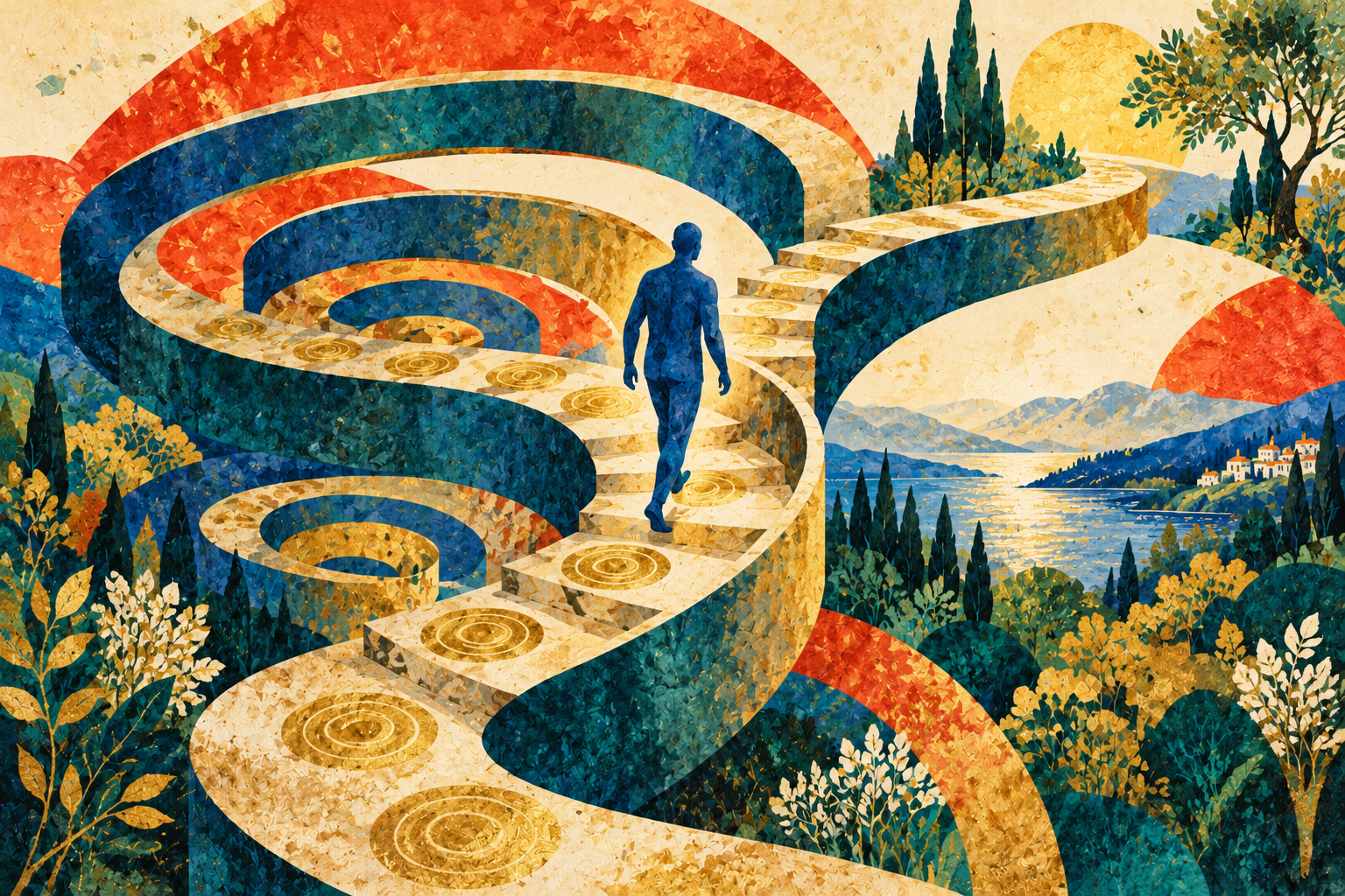 A blue figure walks a looping golden staircase above a Mediterranean landscape, with repeated circles and an opening toward sunlight.